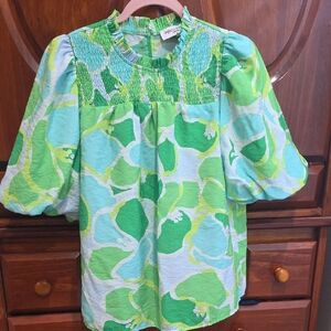 Pwriwinkle Colection Vibrant Green and Blue Patterned Blouse